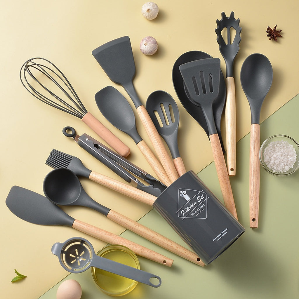 14-Piece Silicone Kitchen Utensils Set Non-stick Cooking Spoon And Baking Tools---Black